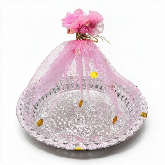 Pink Net-Wrapped Silver Decorative Bowl/Tray product photo
