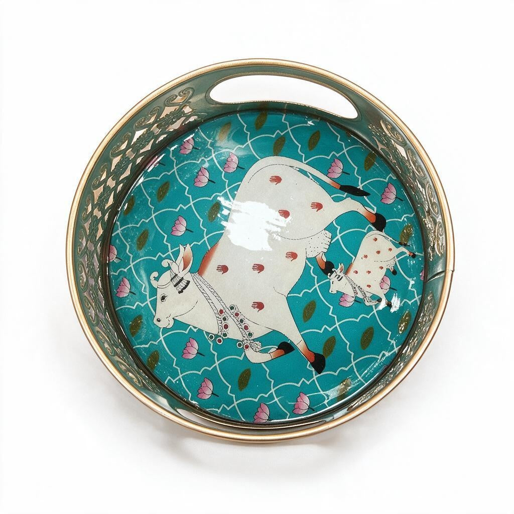 Turquoise Cow-Motif Decorative Tray product photo