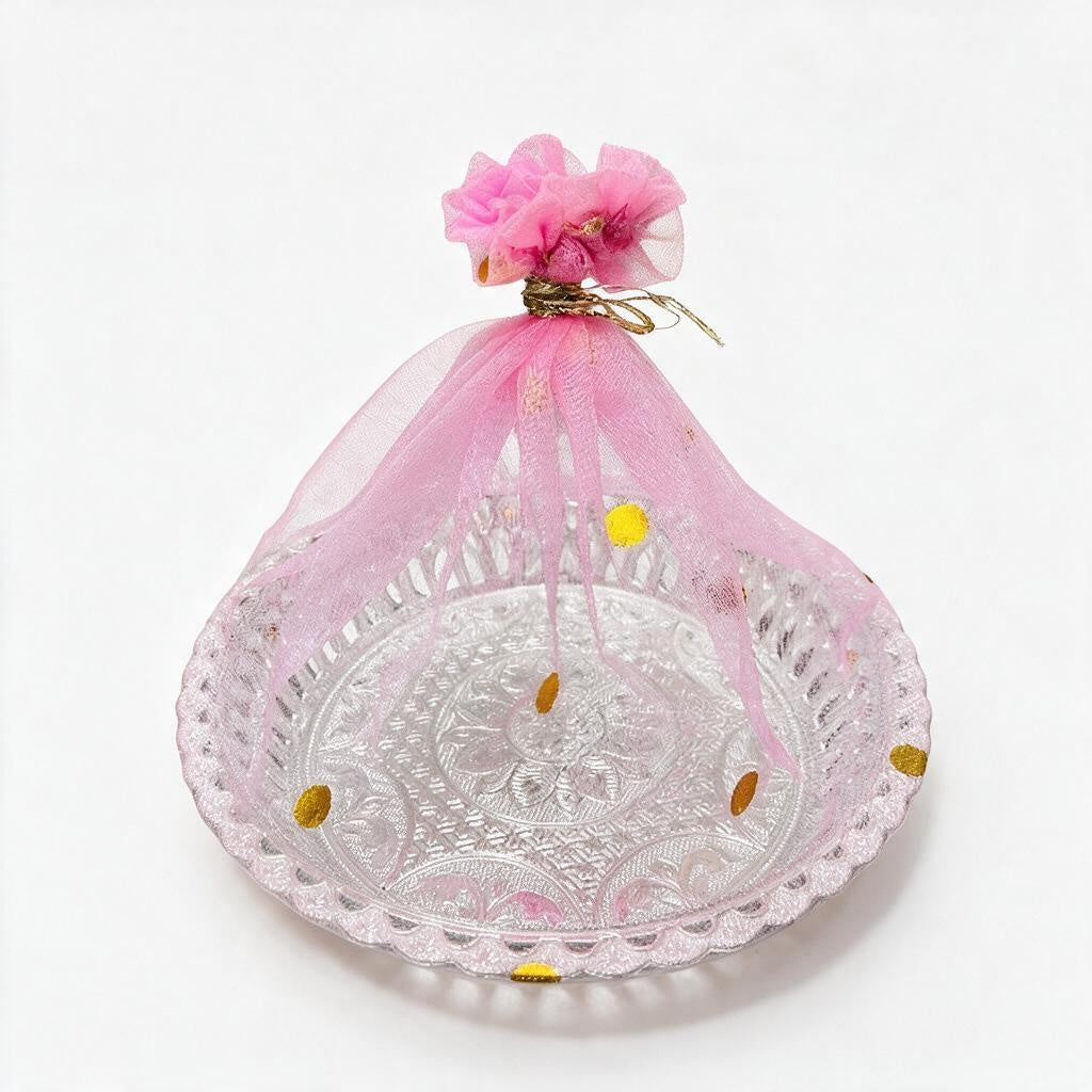 Pink Net-Wrapped Silver Decorative Bowl/Tray product photo