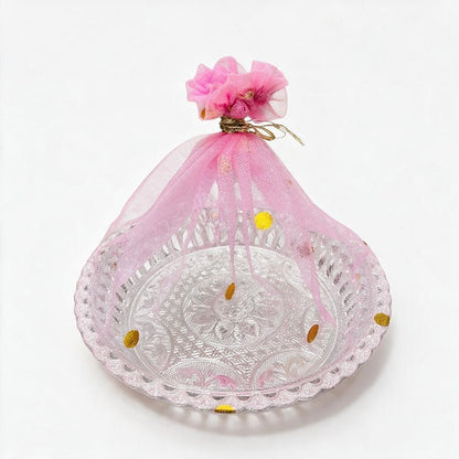 Pink Net-Wrapped Silver Decorative Bowl/Tray product photo