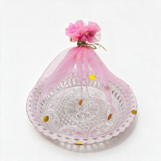 Pink Net-Wrapped Silver Decorative Bowl/Tray product photo
