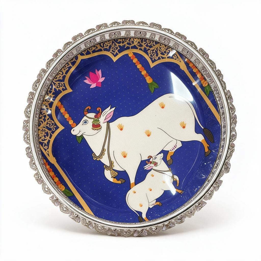 Cow-Motif Silver-Tone Round Tray/Bowl product photo